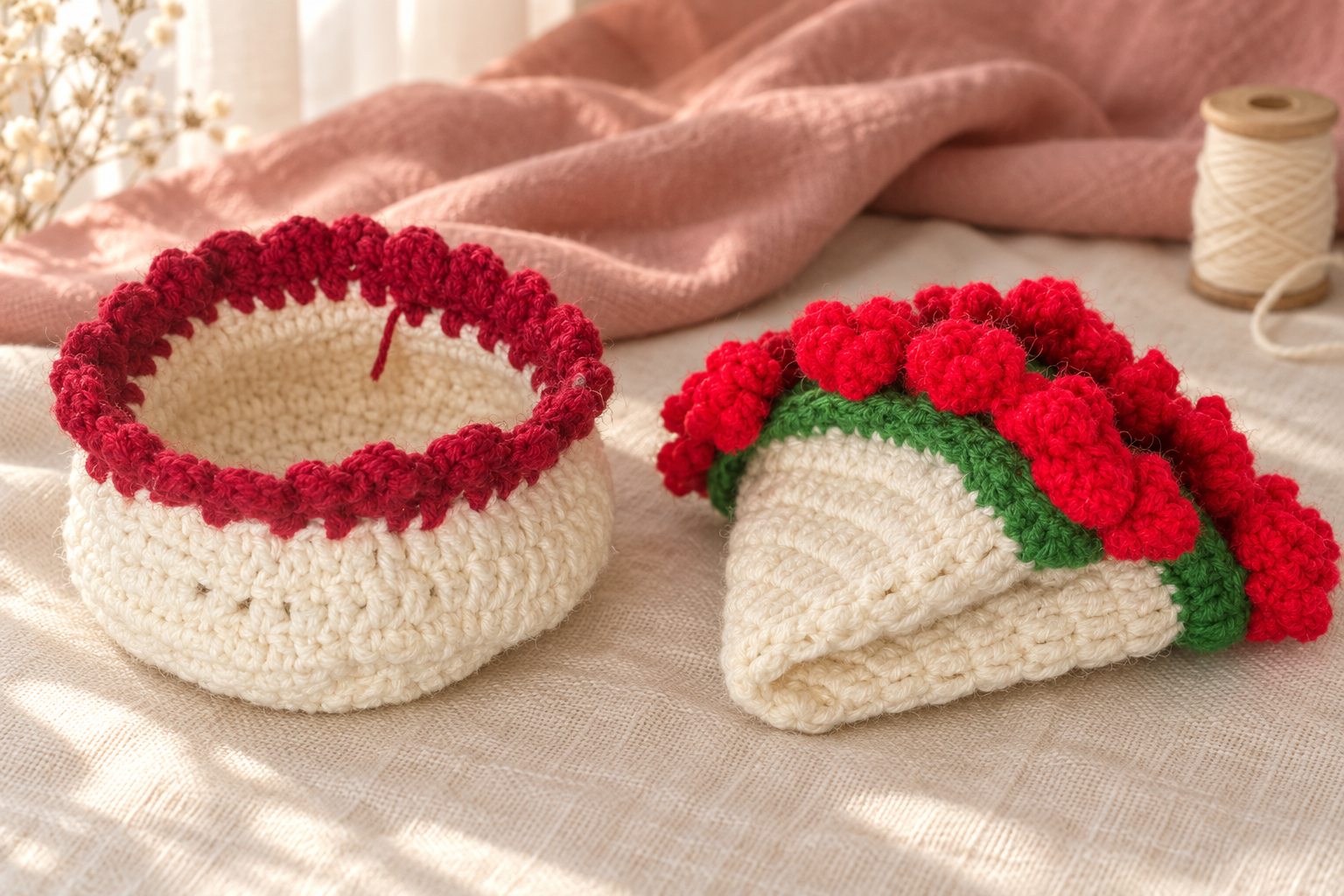 The separate floral crochet components arranged with soft textiles